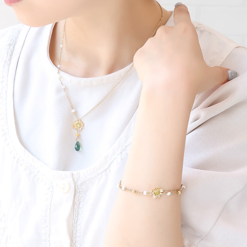 Recipe No. KR1235 Charm Sunflower and Freshwater Pearl Neck & Bracelet & Earrings