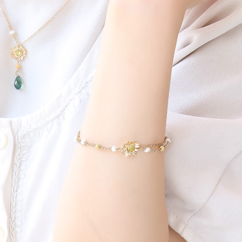 レシピNo.KR1235 チャームひまわりと淡水パールのネック&ブレス&ピアス