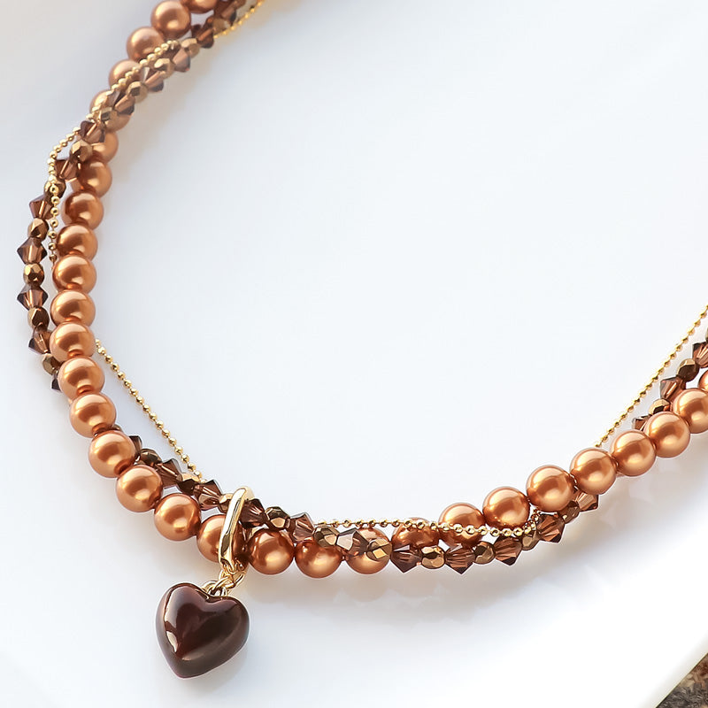 レシピNo.KR1318 チャームボンボンショコラハートとクリスタルのツイストネックレス