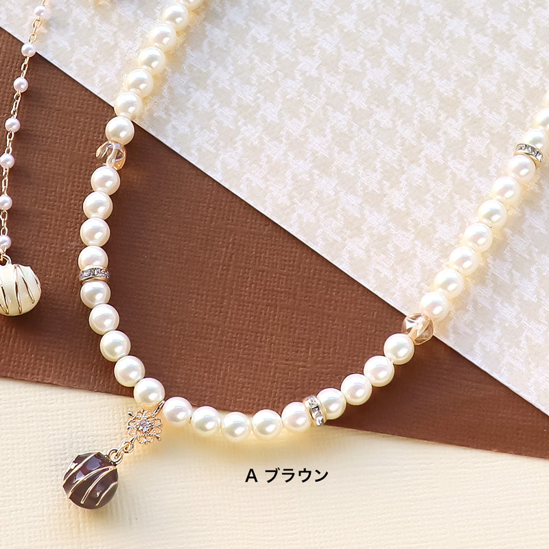 レシピNo.KR1319 チャームボンボンショコララウンドとパールのネックレス2種