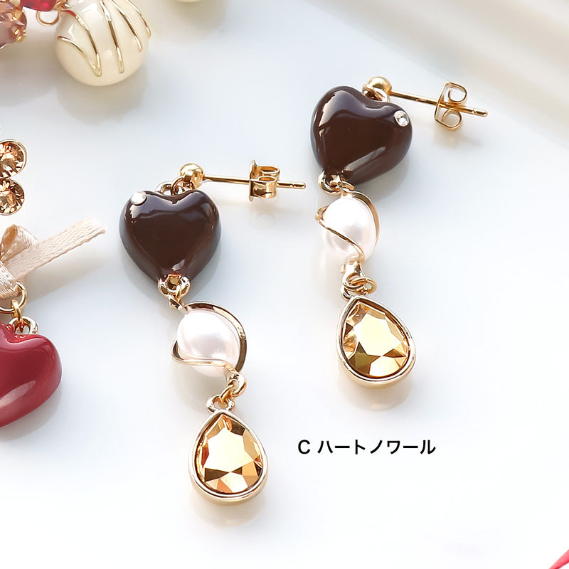 レシピNo.KR1320 貴和クリスタルとチャームボンボンショコラのピアス3種