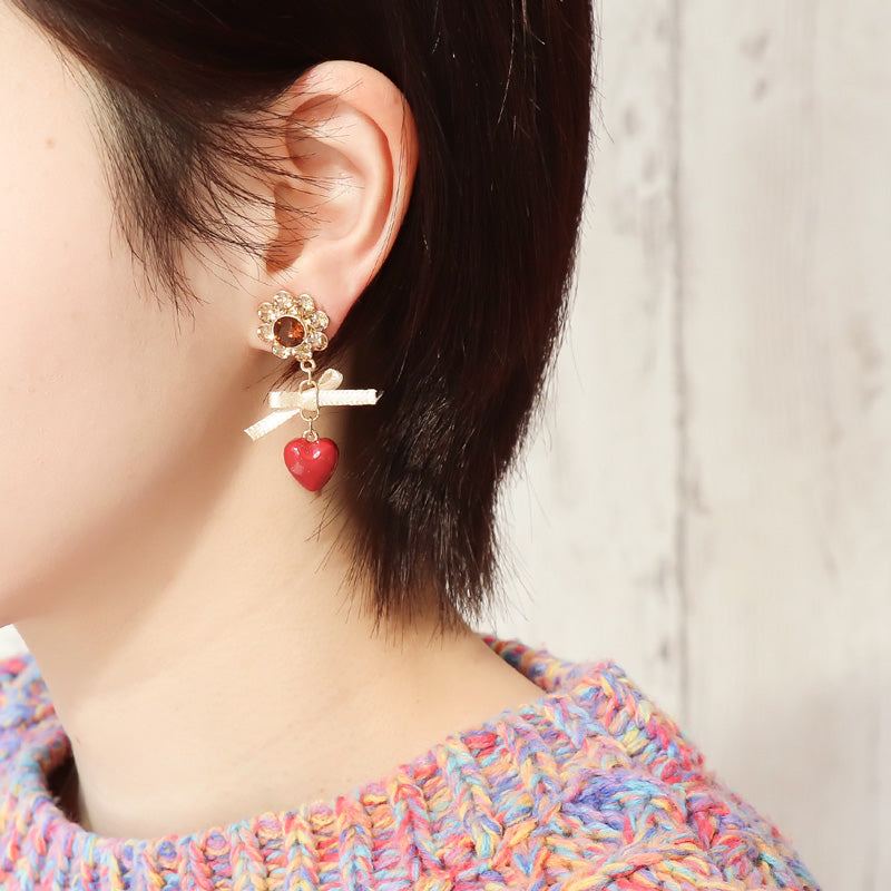 レシピNo.KR1320 貴和クリスタルとチャームボンボンショコラのピアス3種