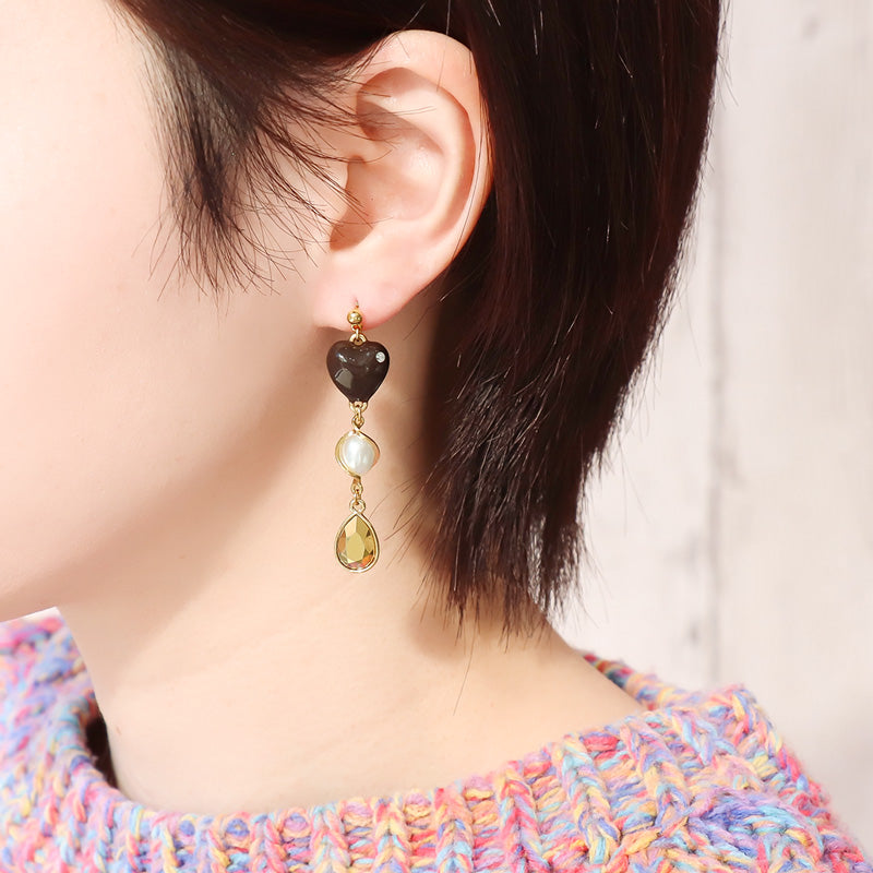 レシピNo.KR1320 貴和クリスタルとチャームボンボンショコラのピアス3種