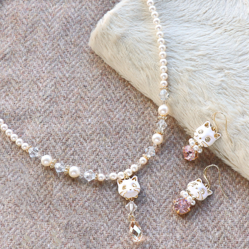 レシピNo.KR1322 石座チャームキャットフェイスとクリスタルパールのアクセサリー2種