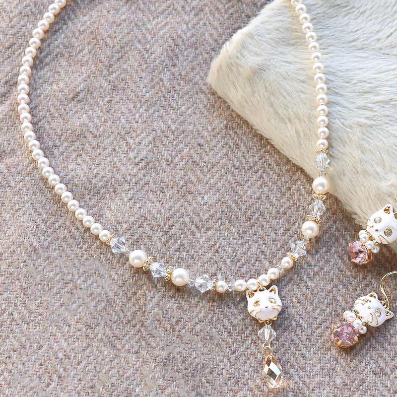 レシピNo.KR1322 石座チャームキャットフェイスとクリスタルパールのアクセサリー2種