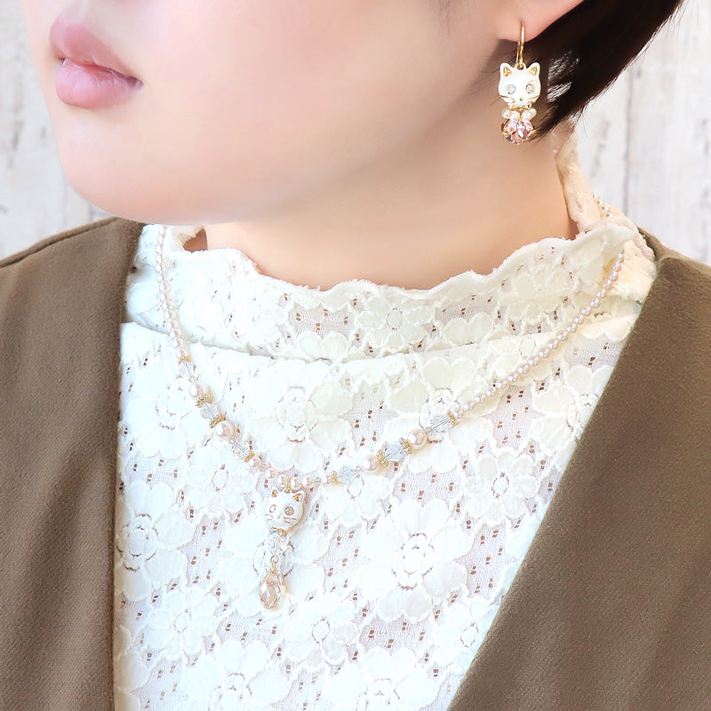 レシピNo.KR1322 石座チャームキャットフェイスとクリスタルパールのアクセサリー2種