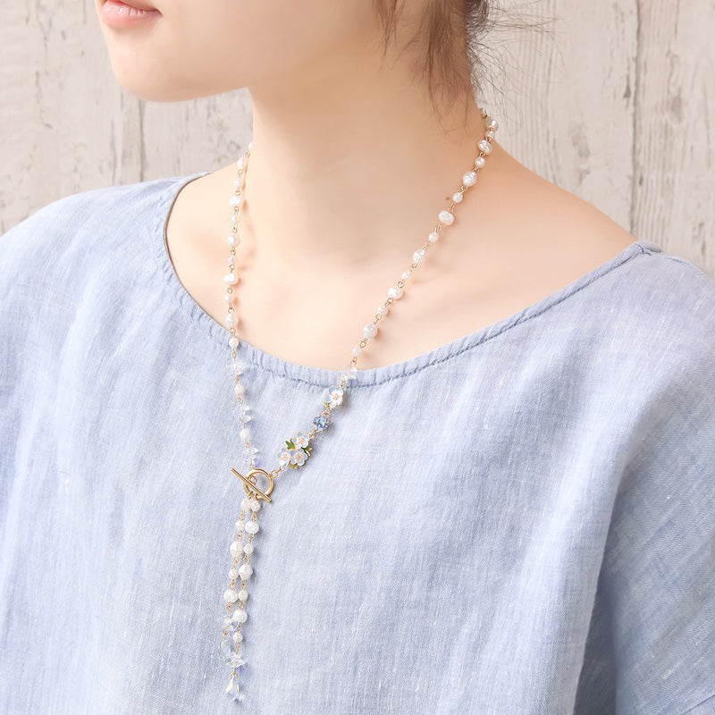 レシピNo.KR1336 チャームネモフィラと貴和クリスタルのラリエット風ネックレス