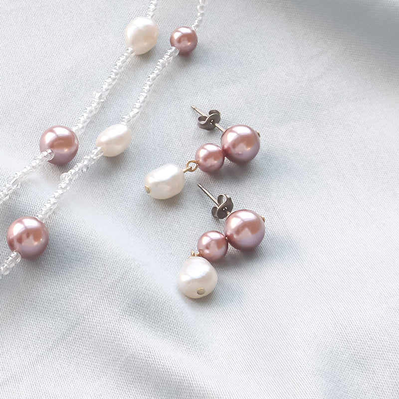 レシピNo.KR1350 クリスタルパールと淡水パールのネック&ピアス