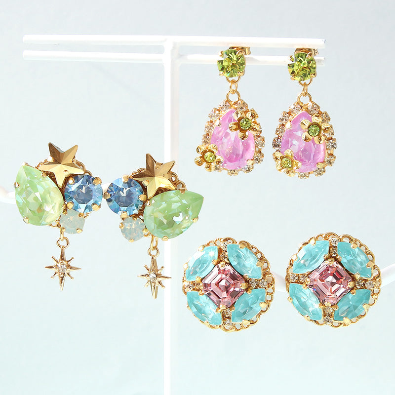 レシピNo.KR1356 貴和クリスタルのパステルPOPなビジューピアス3種