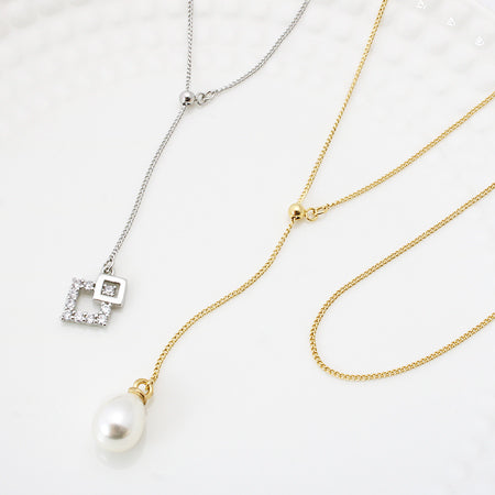 Chain necklace with Y-shaped slide ball, rhodium color