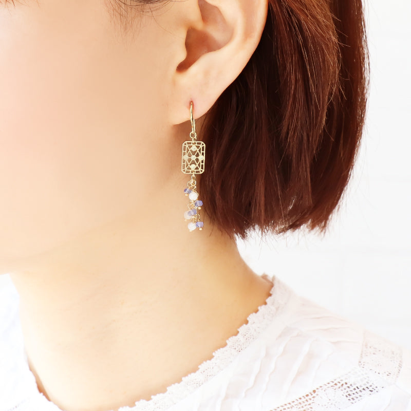 Natural stone, glasses fastening, fringe mix long, tanzanite/freshwater pearl