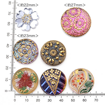 チェコ カボション エレガントフラワー　クリスタル/レッドグリーン/G