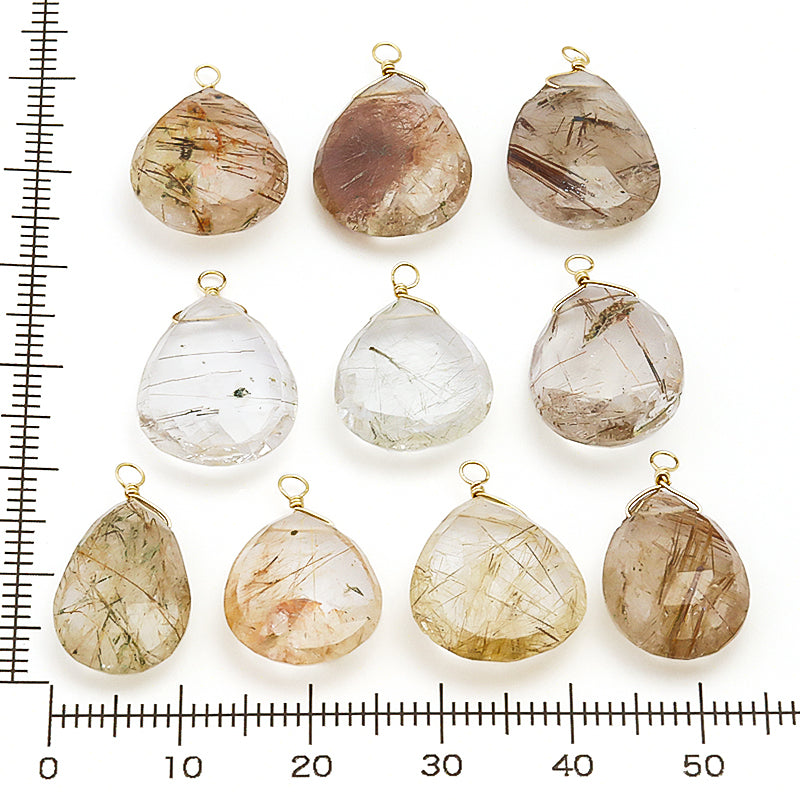 Natural stone Glasses Clasp Charm Flat Shizuku Cut Copper Rutilated Quartz