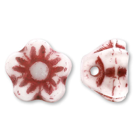 Czech Flower Beads 3D Chalk White Red [Outlet]