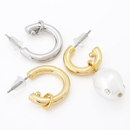 Stainless steel earrings with half hoop metal ring, rhodium color