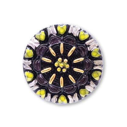 チェコ カボション レトロフラワー　ブラック/ホワイトイエロー/G