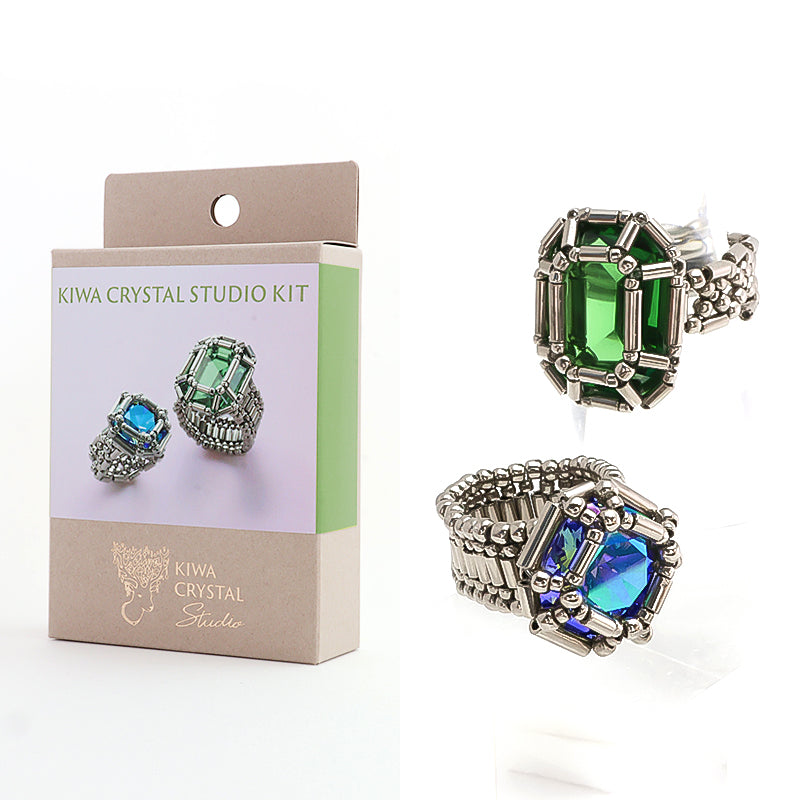 kit Kiwa crystalsGemstone Princess Rectangle Ring Set Green/Blue (KR1393)