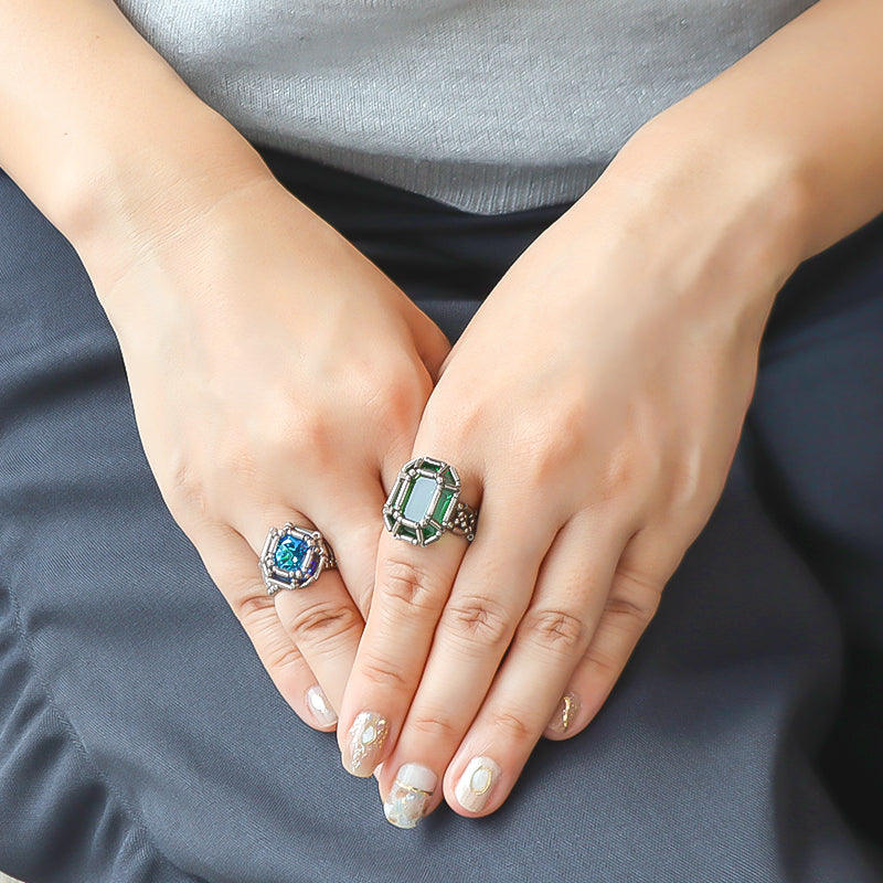 kit Kiwa crystalsGemstone Princess Rectangle Ring Set Green/Blue (KR1393)