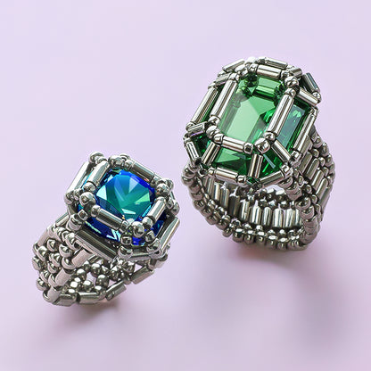 kit Kiwa crystalsGemstone Princess Rectangle Ring Set Green/Blue (KR1393)