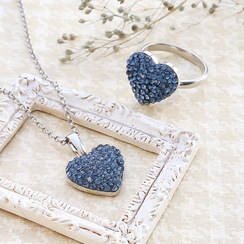 Kit Crystal Heart Neck &amp; Ring Accessories Blue (KR1140)