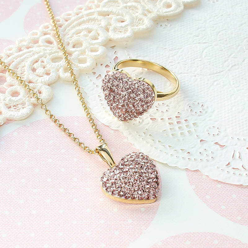 Kit Crystal Heart Neck &amp; Ring Accessories Pink (KR1140)