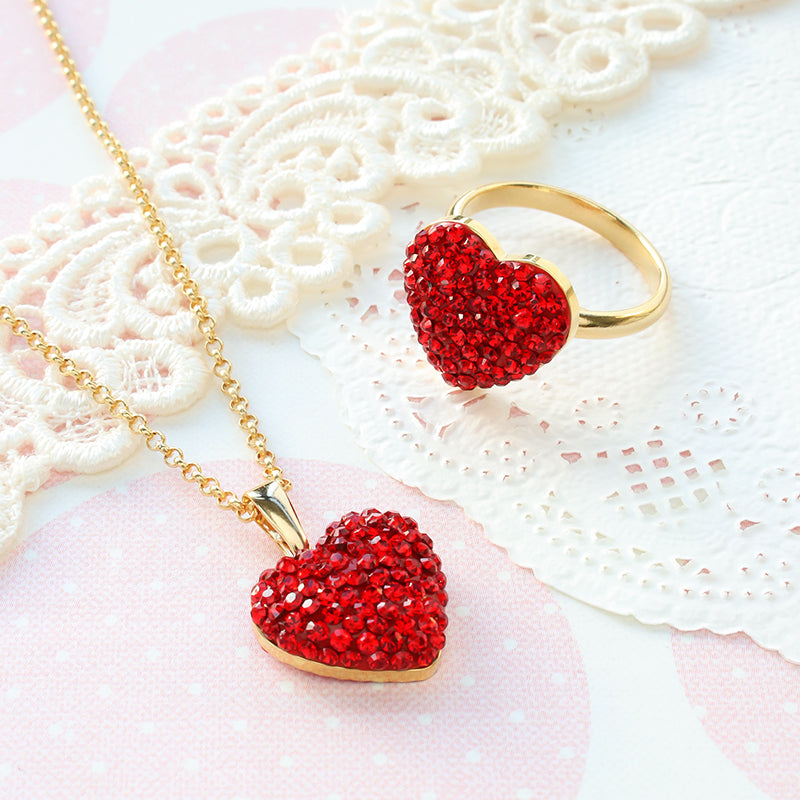 Kit Crystal Heart Neck &amp; Ring Accessories Red (KR1140)