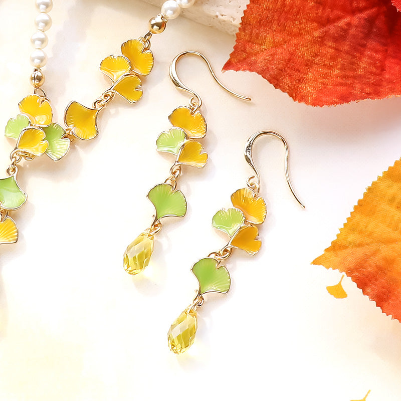 Recipe No. KR1257 Charm Ginkgo and Crystal Neck &amp; Earrings