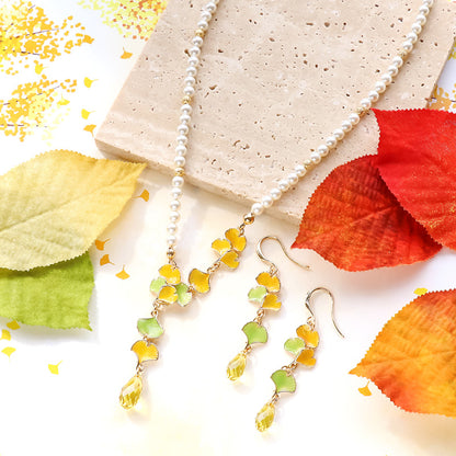 Recipe No. KR1257 Charm Ginkgo and Crystal Neck &amp; Earrings