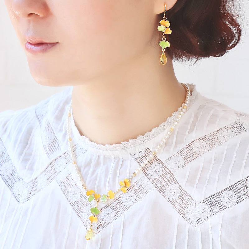 Recipe No. KR1257 Charm Ginkgo and Crystal Neck &amp; Earrings