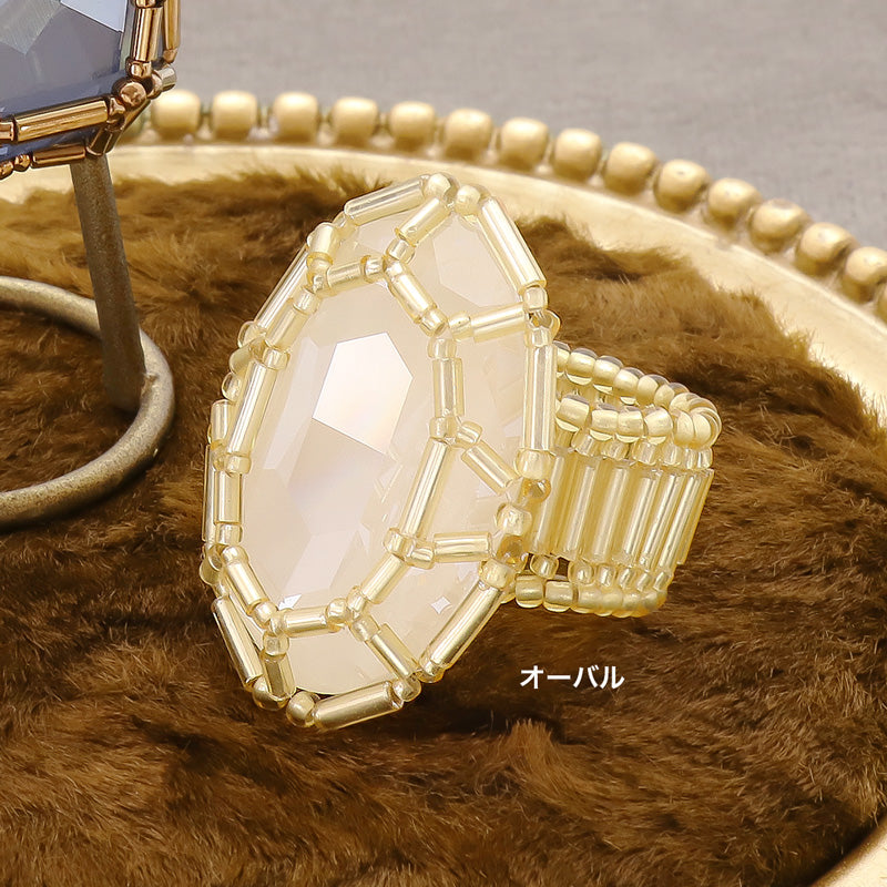 レシピNo.KR1269　貴和クリスタルの宝石編みリング2種