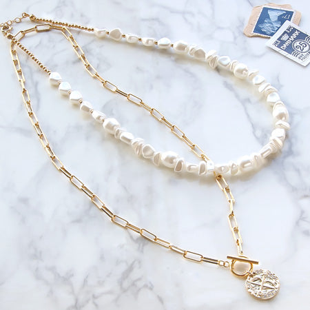 Recipe No.kr0255 Charm coin and resin pearl layered necklace