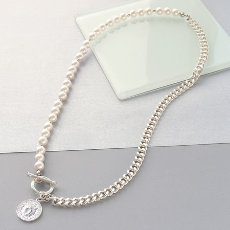 Recipe No.KR0350 Silver -plated chain and pearl co -in necklace
