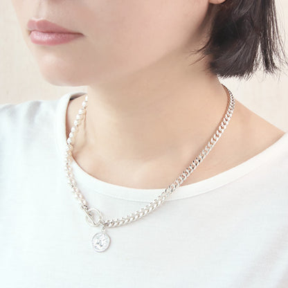 Recipe No.KR0350 Silver -plated chain and pearl co -in necklace