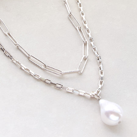 Recipe No.KR0351 Silver Plated Chain Big Pearl Necklace