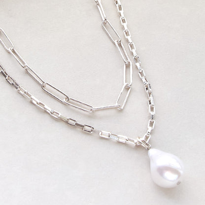 Recipe No.KR0351 Silver Plated Chain Big Pearl Necklace