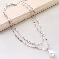 レシピNo.KR0351　シルバーメッキチェーンのビッグパールネックレス