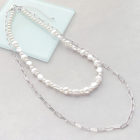Recipe No.KR0352 Silver Plated Chain and Baroque Pearl Layered Necklace