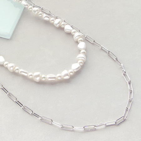 Recipe No.KR0352 Silver Plated Chain and Baroque Pearl Layered Necklace