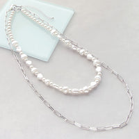 レシピNo.KR0352　シルバーメッキチェーンとバロックパールのレイヤードネックレス