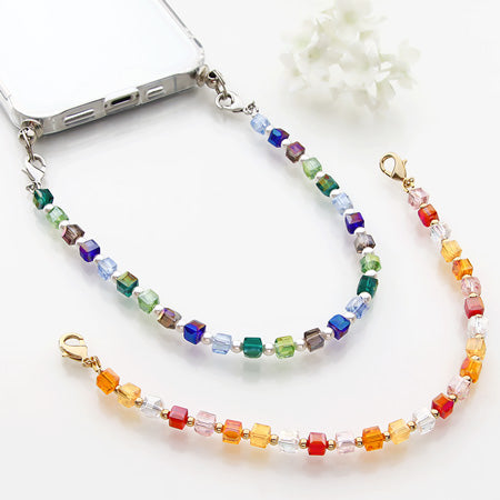 Recipe No.KR0453 Colorful smartphone strap with glass cut bead square