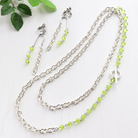 Recipe No.KR0558 Kiwa crystal and silver plated chain 2WAY neck and earrings