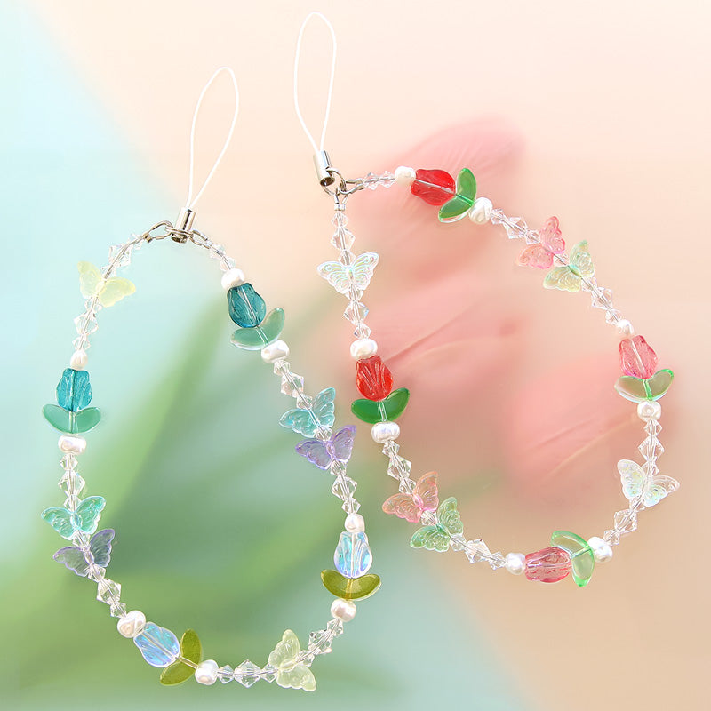 Recipe No.KR0964 Glass beads tulip & butterfly hand strap