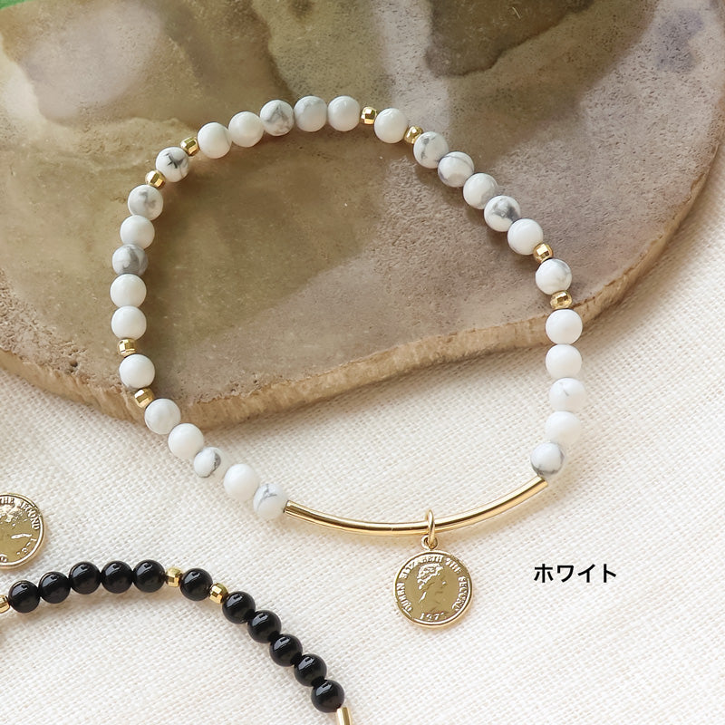 Recipe No.KR1020 Rubber bracelet of natural stone and coin charm