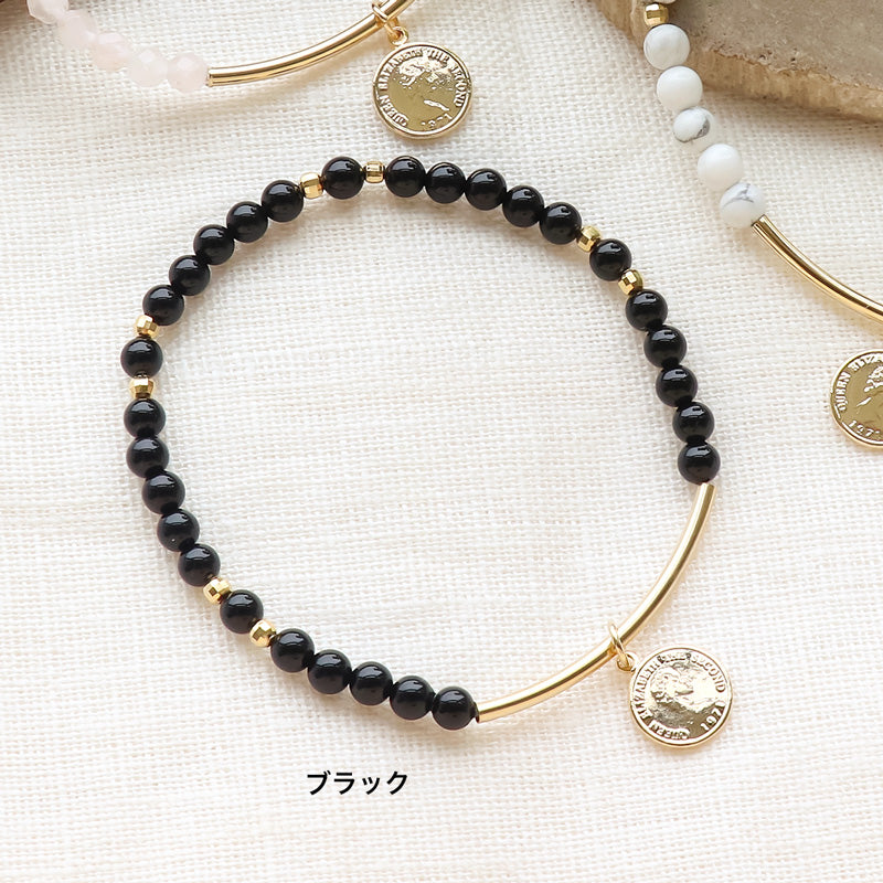 Recipe No.KR1020 Rubber bracelet of natural stone and coin charm