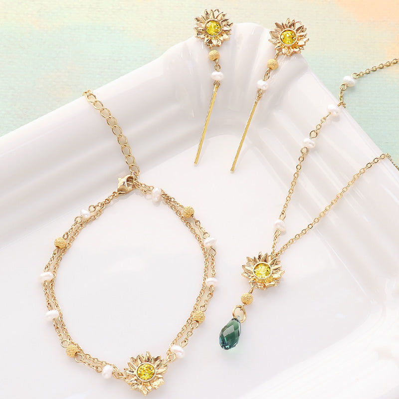 Recipe No. KR1235 Charm Sunflower and Freshwater Pearl Neck &amp; Bracelet &amp; Earrings