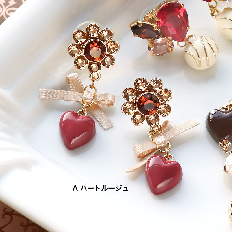 レシピNo.KR1320　貴和クリスタルとチャームボンボンショコラのピアス3種