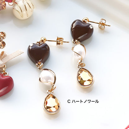 レシピNo.KR1320　貴和クリスタルとチャームボンボンショコラのピアス3種