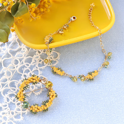 レシピNo.KR1325　チャームミモザと貴和クリスタルのブレス＆ブローチ