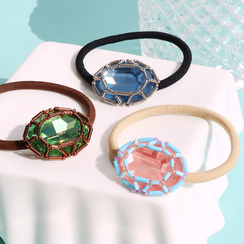 レシピNo.KR1332　貴和クリスタルの宝石編みオーバルヘアゴム