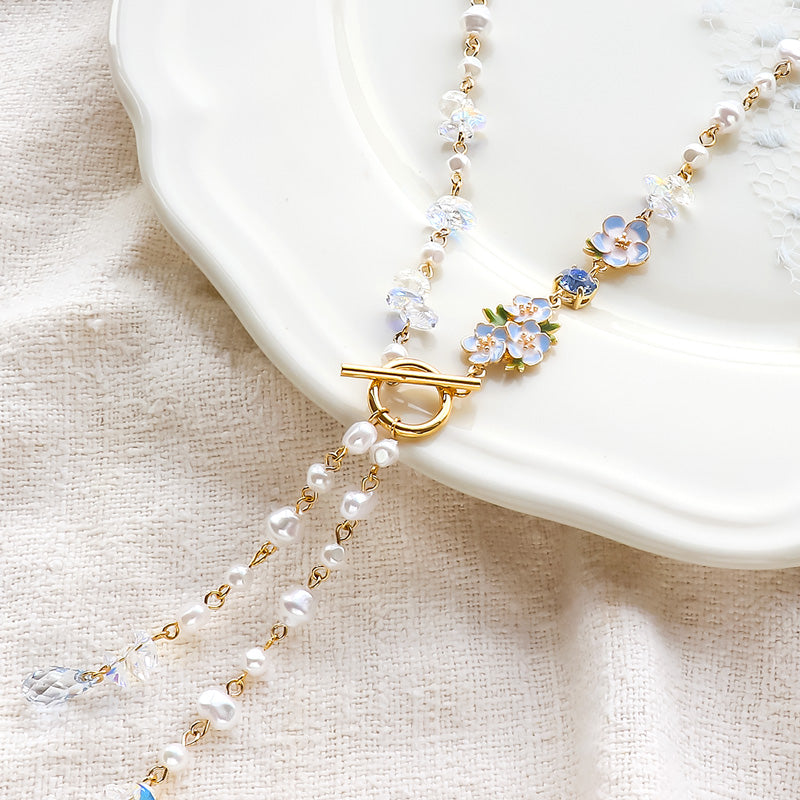 レシピNo.KR1336　チャームネモフィラと貴和クリスタルのラリエット風ネックレス